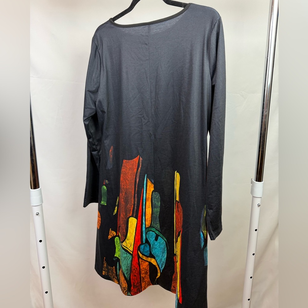 Black Abstract Print Long Sleeve Swing Dress Pockets Oversized‎ Size XL - Picture 2 of 9